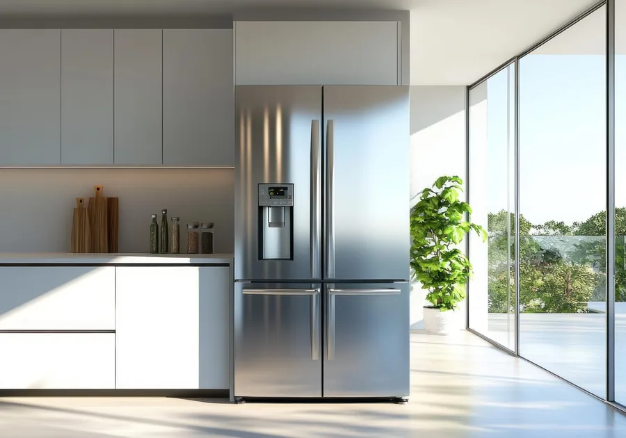 Stainless steel French door refrigerator in a bright fitted kitchen