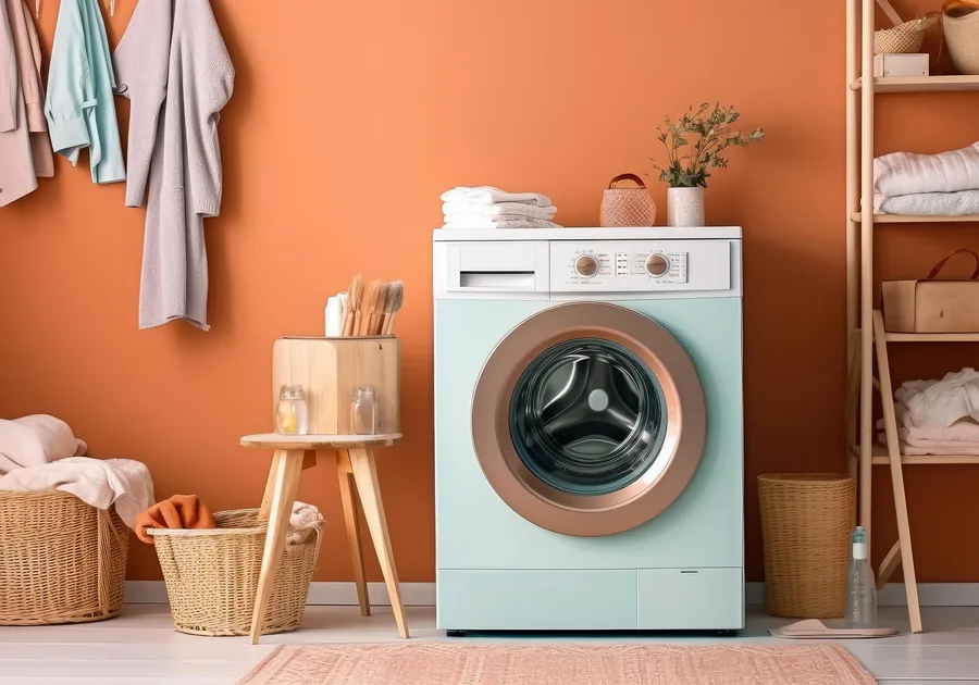 Front-load washing machine in a tidy home laundry room
